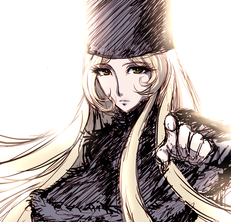 1girl blonde_hair brown_eyes fur_coat fur_hat ginga_tetsudou_999 hat long_hair looking_at_viewer maetel pointing pointing_at_viewer rycoris0214 serious simple_background sketch solo white_background