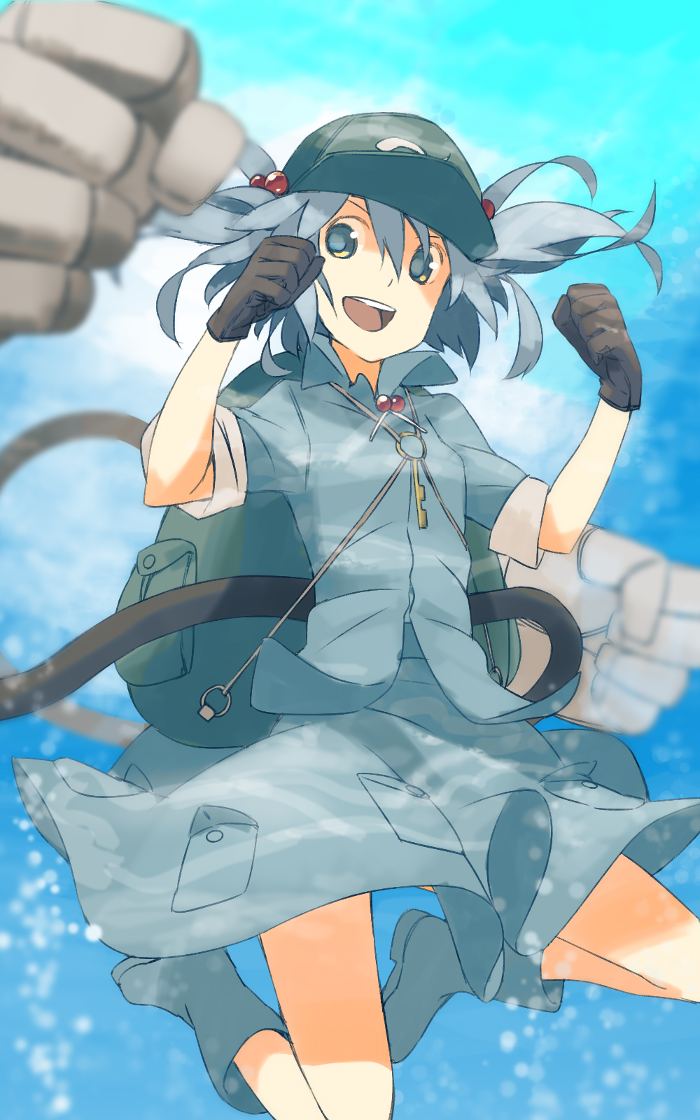 1girl backpack bag black_gloves blue_eyes blue_hair boots folded_sleeves gloves hair_bobbles hair_ornament hat highres kawashiro_nitori looking_at_viewer mechanical_arms open_mouth rubber_boots seu_(hutotomomo) shirt skirt skirt_set smile solo touhou twintails