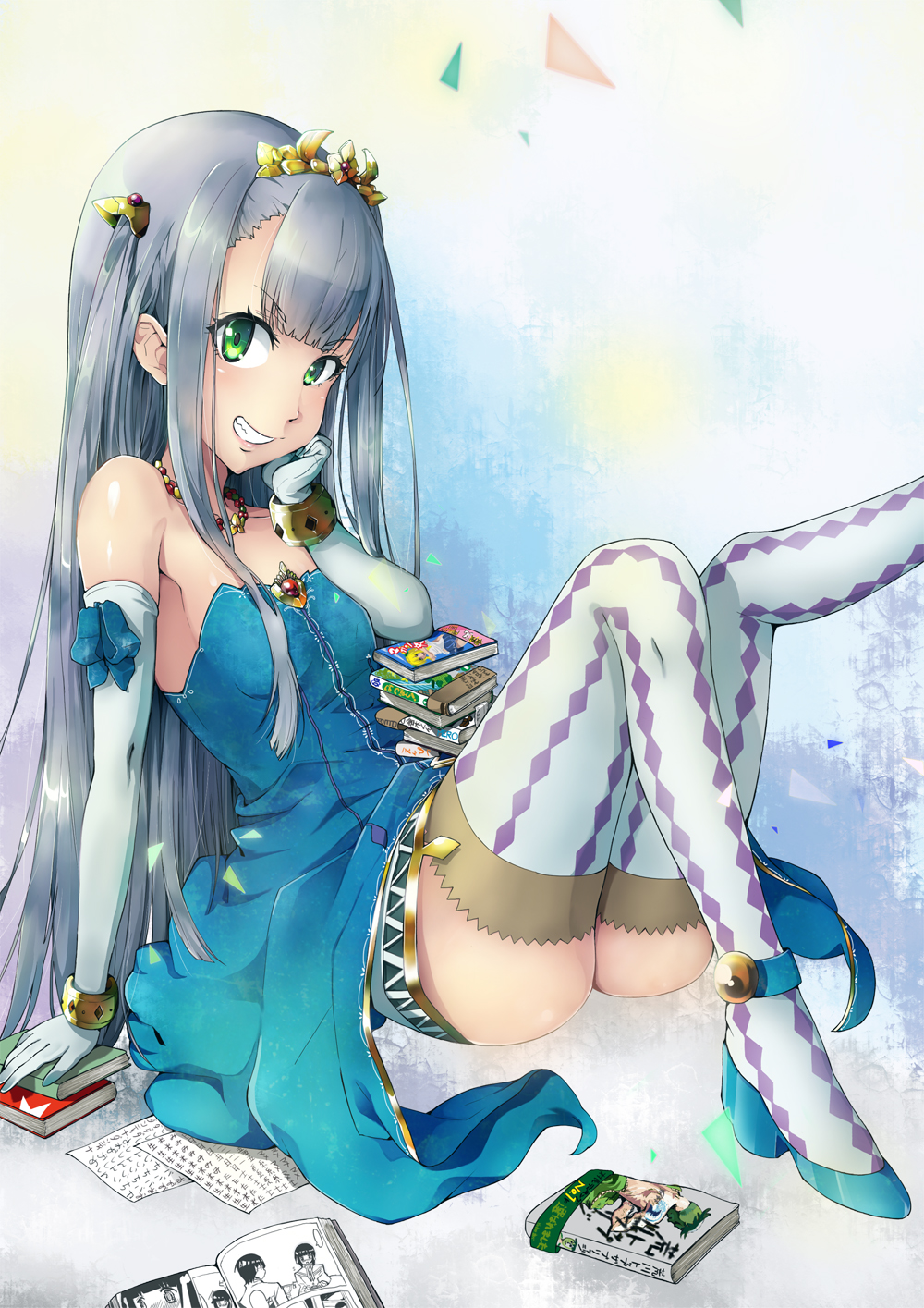 1girl argyle argyle_legwear arm_support bare_shoulders blush book bracelet comic dontokoi dress elbow_gloves gloves green_eyes grin hand_on_own_cheek highres jewelry long_hair looking_at_viewer necklace outbreak_company petrarca_ann_erudanto_iii purple_hair ribbon sitting smile solo thighhighs tiara very_long_hair white_gloves white_legwear