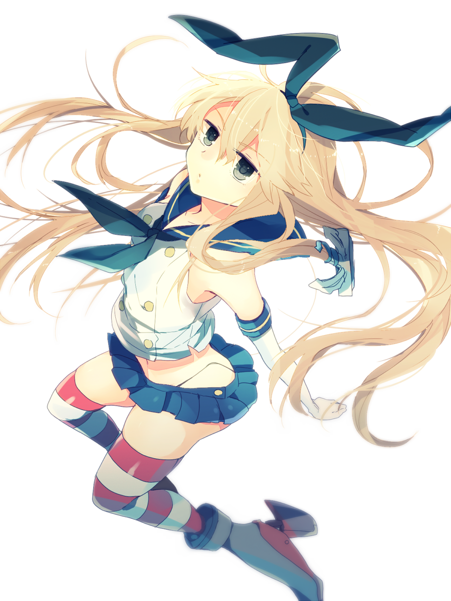 1girl a229 anchor black_eyes blonde_hair elbow_gloves gloves hairband highres kantai_collection long_hair looking_at_viewer personification shimakaze_(kantai_collection) simple_background skirt solo striped striped_legwear thighhighs white_background white_gloves