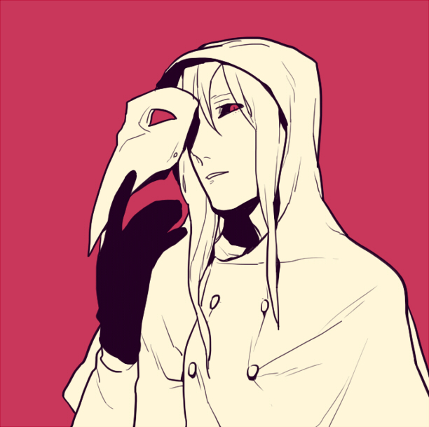 1boy gloves hood hooded joychuo kurogomu looking_at_viewer male mask mask_removed monochrome parted_lips plague_doctor red red_background red_eyes scp-049 scp_foundation simple_background solo