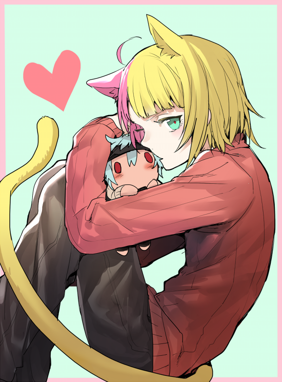 1boy ahoge animal_ears blonde_hair blue_hair cat_ears cat_tail character_doll erubo green_eyes heart multicolored_hair original pink_hair red_eyes ribbed_sweater ronaldo_castroneves sweater tail theodor_bachstein