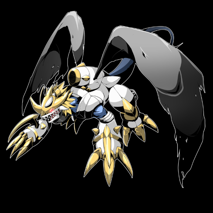 amatukiamaru armor black_background black_wings blonde_hair cannon claws digimon digimon_adventure_02 glowing glowing_eyes horns imperialdramon imperialdramon_paladin_mode monster no_humans red_eyes sharp_teeth short_hair simple_background solo spikes tail wings