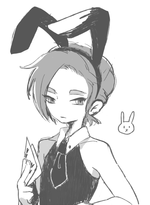 1boy animal_ears bunny_boy card inazuma_eleven_(series) inazuma_eleven_go male meily minamisawa_atsushi monochrome necktie playing_card rabbit rabbit_ears short_hair simple_background solo white_background