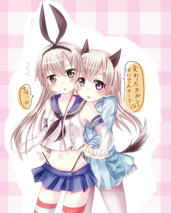 2girls animal_ears blonde_hair blue_eyes blush crossover dog_ears dog_tail eila_ilmatar_juutilainen elbow_gloves gloves green_eyes hair_ribbon kantai_collection long_hair midriff military military_uniform multiple_girls navel panties panty_lift pantyhose personification ribbon saayablauweide shimakaze_(kantai_collection) strike_witches striped striped_legwear tail thighhighs translated triangle_mouth underwear uniform