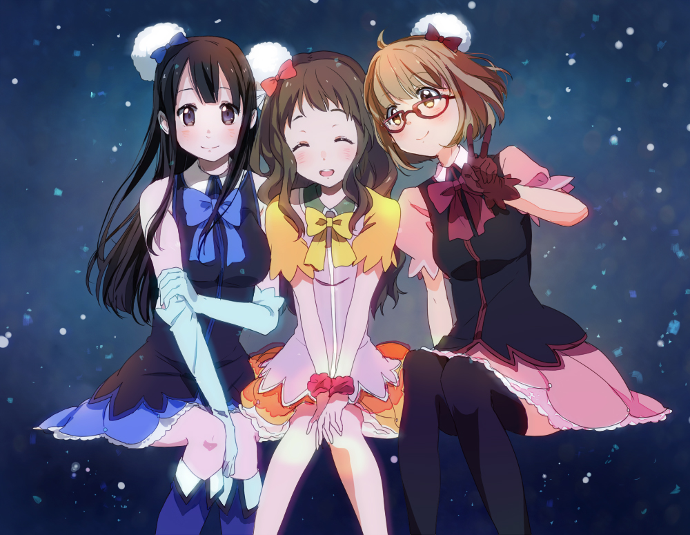 3girls black_legwear blonde_hair blush bob_cut brown_eyes brown_hair cardigan closed_eyes glasses kuriyama_mirai kyoukai_no_kanata looking_at_viewer multiple_girls nase_mitsuki pantyhose red-framed_glasses shindou_ai short_hair skirt