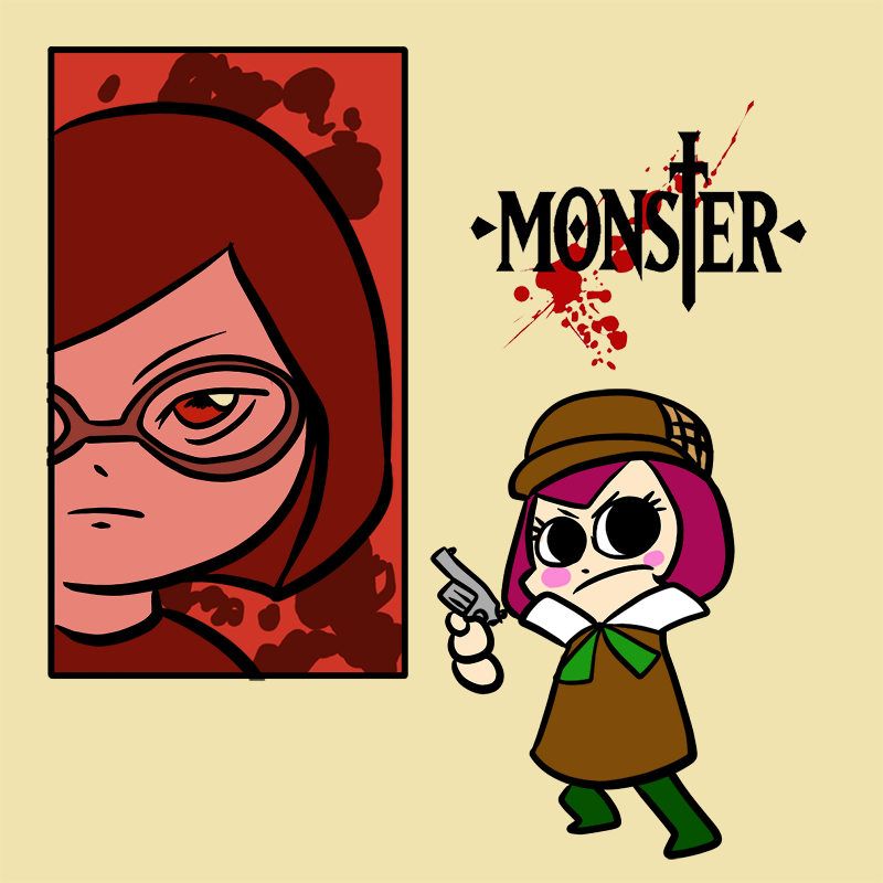 anaugi blood blood_splatter blush_stickers copyright_name detached_hand glasses gun hat monster_(manga) nikki_(swapnote) parody pink_hair short_hair standing swapnote tagme weapon