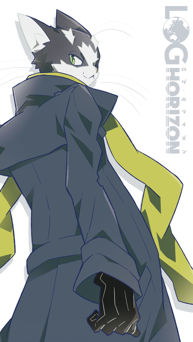 1boy cat gloves green_eyes hara_kazuhiro log_horizon long_coat nyanta_(log_horizon) scarf solo