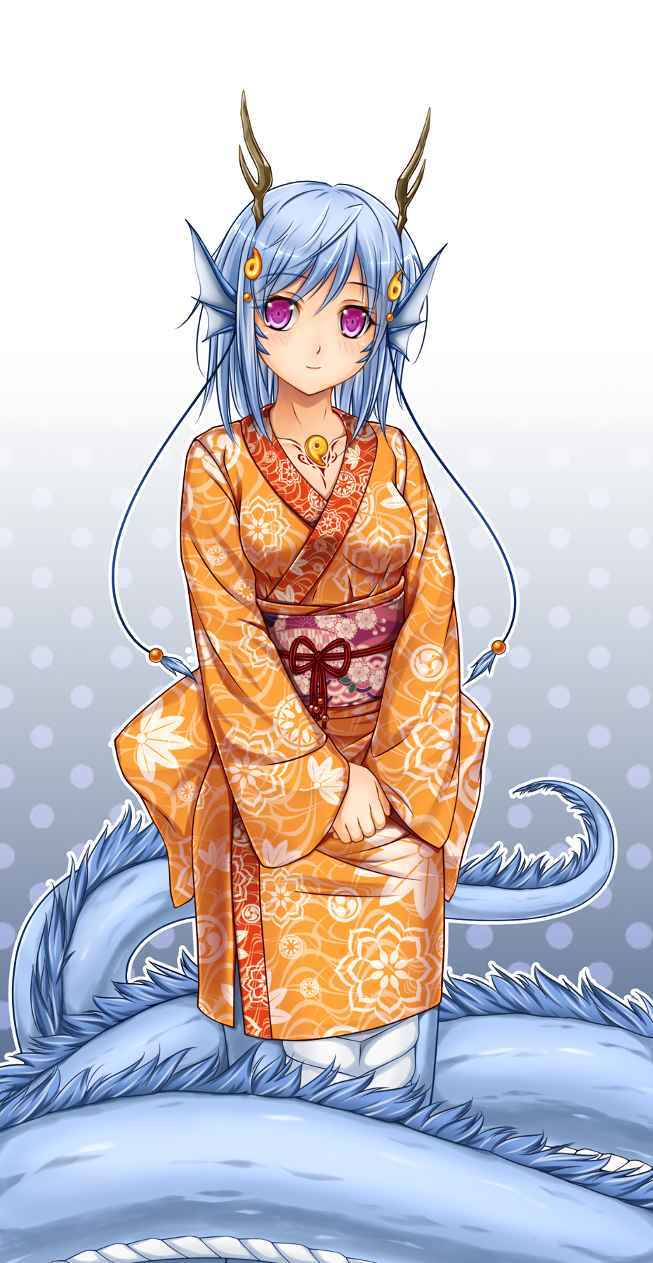 1girl bad_id blue_hair dragon_girl hair_ornament head_fins highres horns japanese_clothes kimono lamia long_sleeves looking_at_viewer magatama midnight_(artist) monster_girl obi original revision short_hair smile solo tail violet_eyes