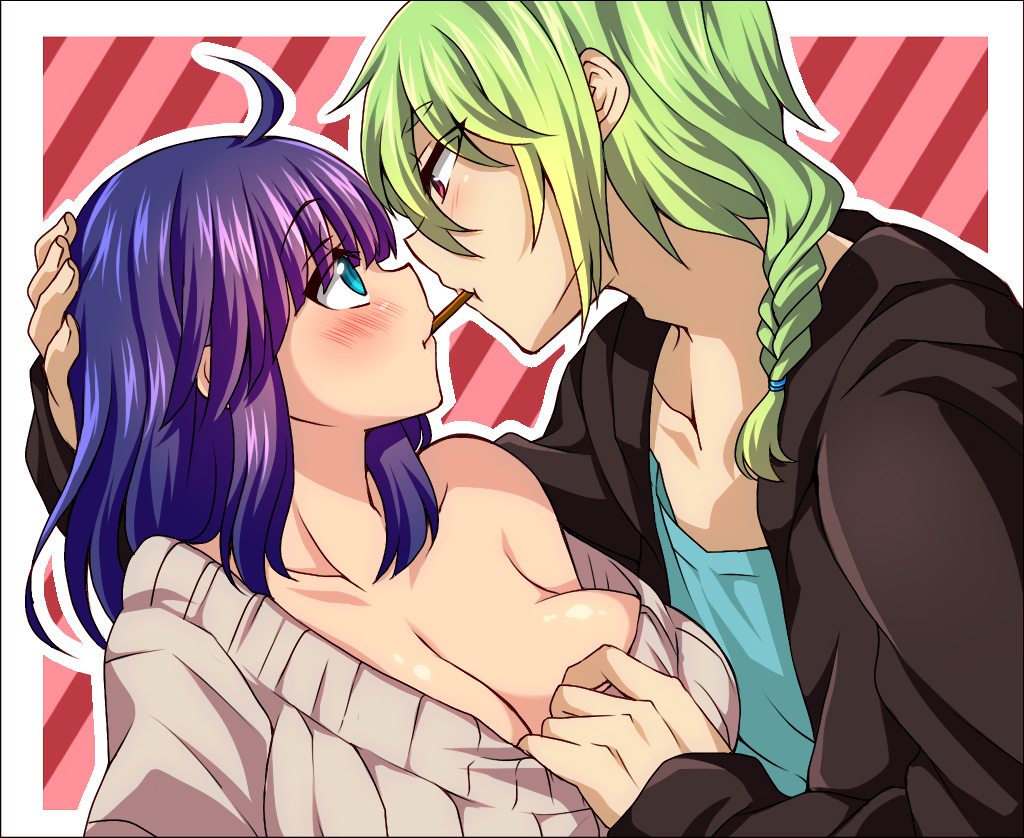 aqua_eyes blush braid breasts cleavage eye_contact green_hair hand_on_another's_head hetero jinguu_shion large_breasts looking_at_another natsu_hotaru off_shoulder original pocky pocky_kiss purple_hair red_eyes shared_food sweater_pull