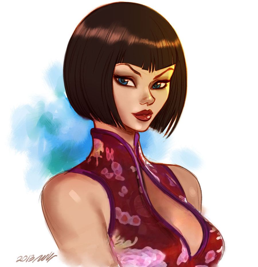 1girl anna_williams blue_eyes bob_cut breasts brown_hair bust china_dress chinese_clothes cleavage cleavage_cutout halterneck lips lipstick makeup namco nose seeso2d short_hair solo tekken