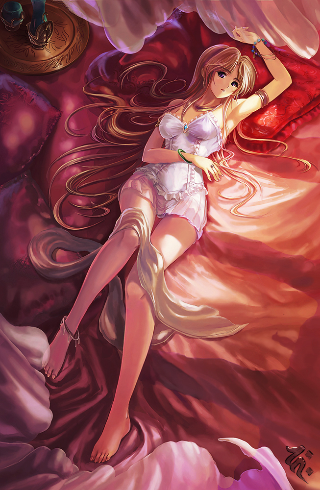 1girl 3x3_eyes arm_up bed blonde_hair breasts camisole character_request legs lying pillow purple_hair solo tagme ushas