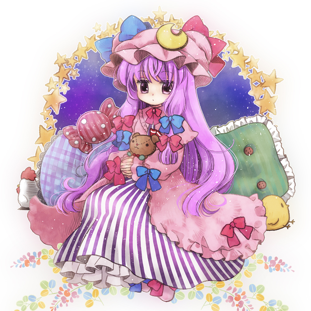 1girl bird biyon chick chicken crescent dress hair_ribbon hat long_hair long_sleeves looking_at_viewer open_clothes open_coat patchouli_knowledge pillow purple_dress purple_hair ribbon solo striped striped_dress stuffed_animal stuffed_toy teddy_bear touhou tress_ribbon very_long_hair violet_eyes