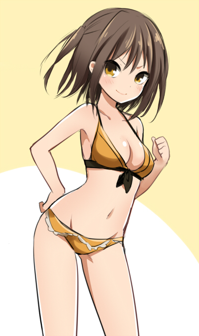 1girl bikini blush breasts brown_hair cleavage front-tie_top ica kantai_collection looking_at_viewer navel personification sendai_(kantai_collection) simple_background smile solo swimsuit twintails yellow_bikini