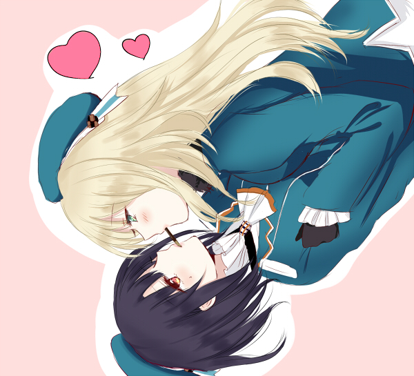 2girls atago_(kantai_collection) black_hair blonde_hair breasts gloves green_eyes hat heart kantai_collection large_breasts long_hair multiple_girls personification pocky pocky_kiss shared_food sui_(camellia) takao_(kantai_collection) yuri