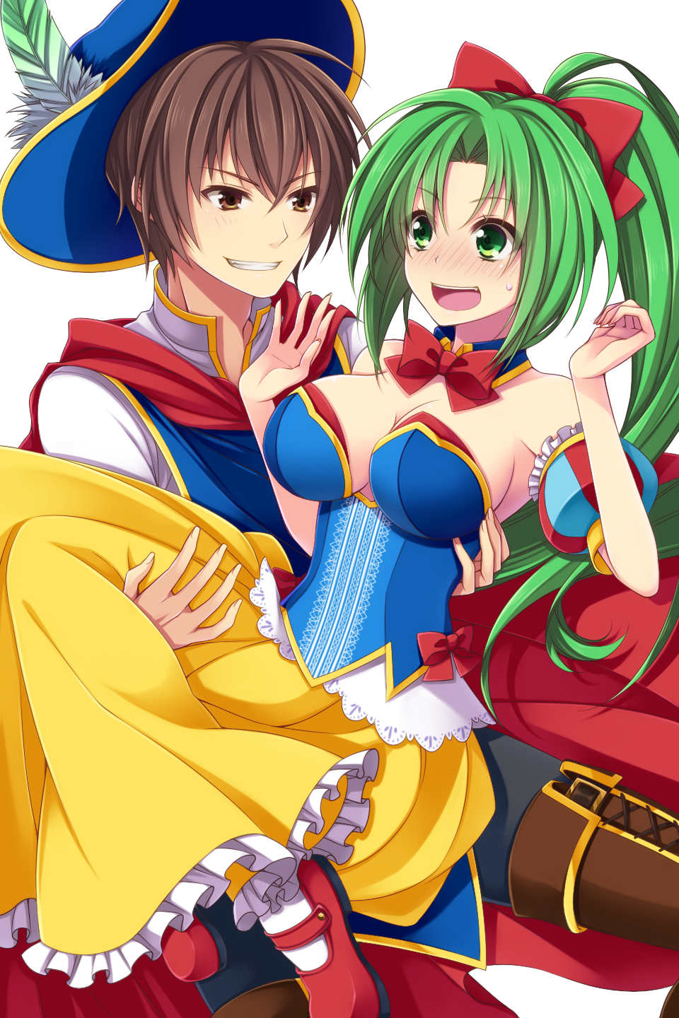 1boy 1girl blush boots bow breasts brown_eyes brown_hair carrying cleavage cross-laced_footwear detached_collar dress feathers green_eyes green_hair grin hair_bow hat highres higurashi_no_naku_koro_ni lace-up_boots maebara_keiichi mary_janes ponytail princess_carry shoes smile snow_white_(disney) snow_white_(disney)_(cosplay) snow_white_and_the_seven_dwarfs sonozaki_mion uzu_hi