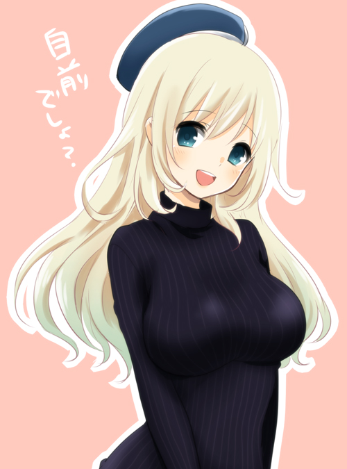 1girl alternate_costume atago_(kantai_collection) blonde_hair blush breasts green_eyes hat ica kantai_collection large_breasts long_hair looking_at_viewer open_mouth personification ribbed_sweater simple_background smile solo sweater translation_request turtleneck turtleneck_sweater