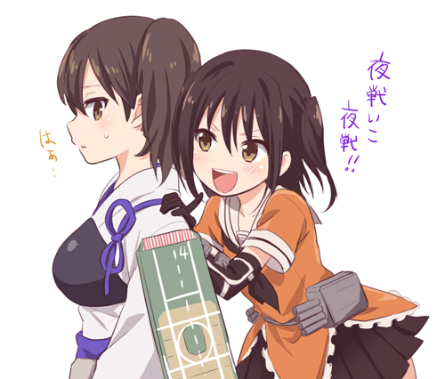 2girls black_hair blush brown_eyes brown_hair elbow_gloves gloves ica japanese_clothes kaga_(kantai_collection) kantai_collection lowres multiple_girls muneate open_mouth personification school_uniform sendai_(kantai_collection) serafuku short_hair side_ponytail simple_background skirt smile translation_request white_background