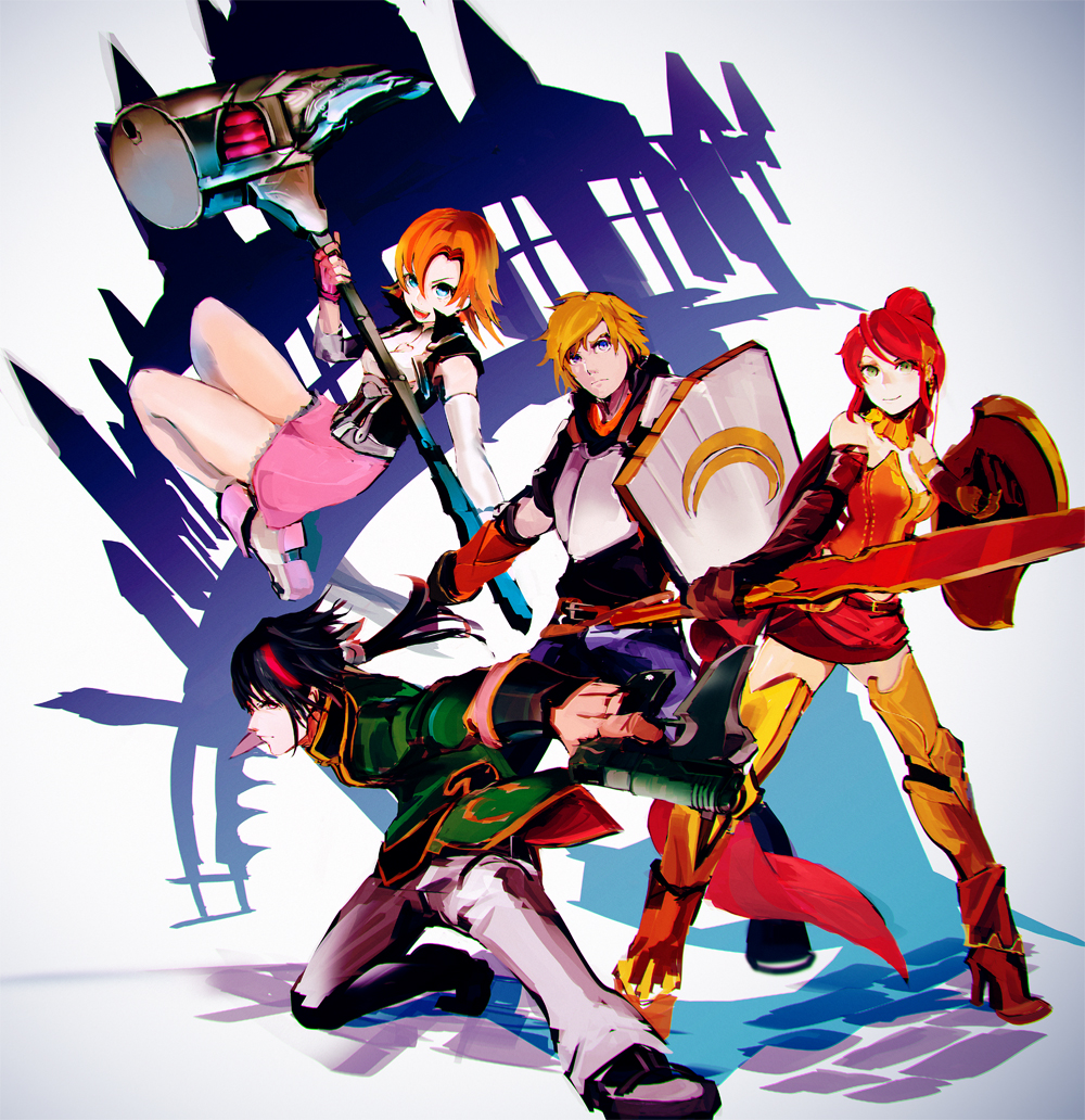 2boys 2girls black_hair blonde_hair breastplate changpao chinese_clothes dual_wielding greaves gun hammer jaune_arc lie_ren long_hair machine_pistol multiple_boys multiple_girls nora_valkyrie orange_hair polearm pyrrha_nikos redhead rooster_teeth rwby shield short_hair skirt so-bin spear sword weapon