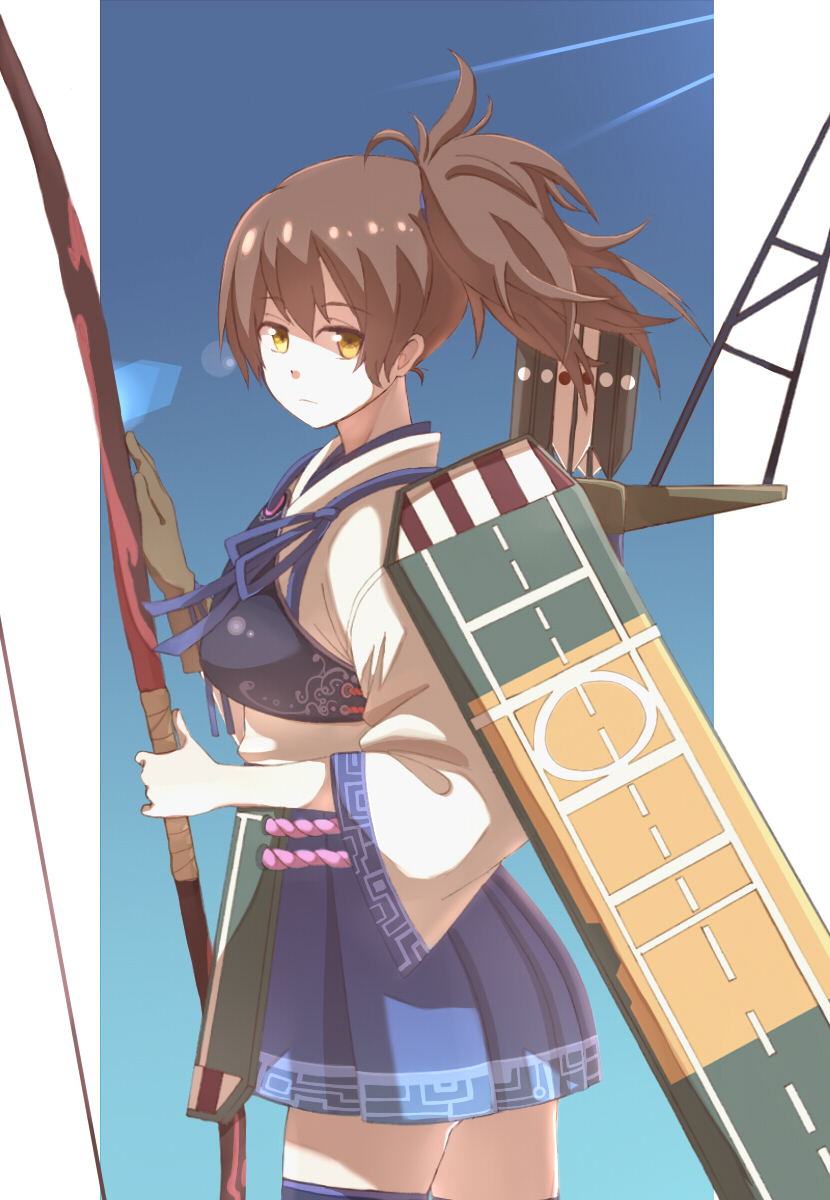 1girl aoi_pen_sensei_mark_6 blush bow_(weapon) brown_eyes brown_hair highres japanese_clothes kaga_(kantai_collection) kantai_collection looking_at_viewer multiple_girls muneate personification short_hair side_ponytail solo thighhighs weapon