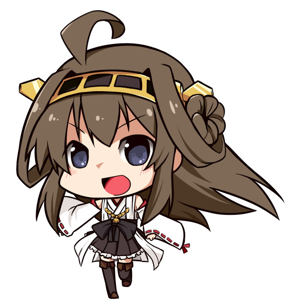 1girl ahoge blue_eyes boots brown_hair chibi detached_sleeves double_bun hairband headgear japanese_clothes kantai_collection kongou_(kantai_collection) long_hair nontraditional_miko personification pleated_skirt rubii skirt solo thigh_boots thighhighs zettai_ryouiki