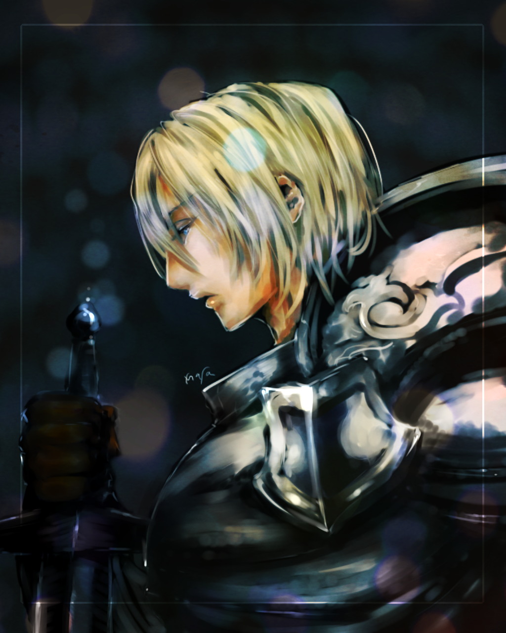 1boy armor blonde_hair blue_eyes blurry border breastplate depth_of_field dragon's_crown fighter_(dragon's_crown) gloves hand_on_hilt highres leather_gloves lips masamune_(eight5050) pauldrons side_view signature solo sword weapon