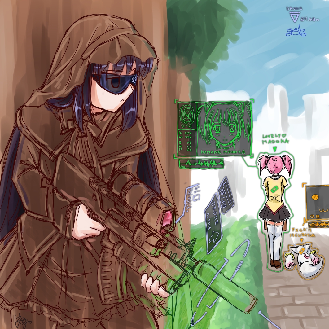 akemi_homura assault_rifle black-yuzunyan camouflage ghost_recon ghost_recon:_future_soldier grenade_launcher gun heads-up_display kaname_madoka kyubey mahou_shoujo_madoka_magica rifle suppressor uav underbarrel_grenade_launcher weapon