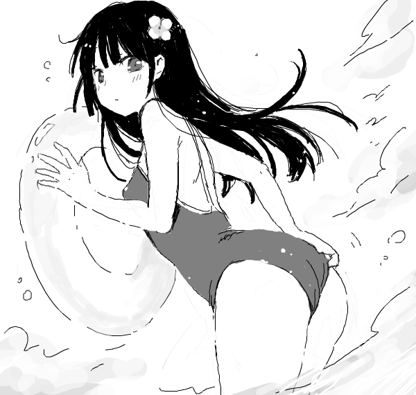 1girl adjusting_clothes adjusting_swimsuit ass bare_shoulders chiyingzai drawr dutch_angle flower hair_flower hair_ornament hime_cut innertube long_hair looking_at_viewer monochrome oekaki one-piece_swimsuit original school_swimsuit solo swimsuit wading