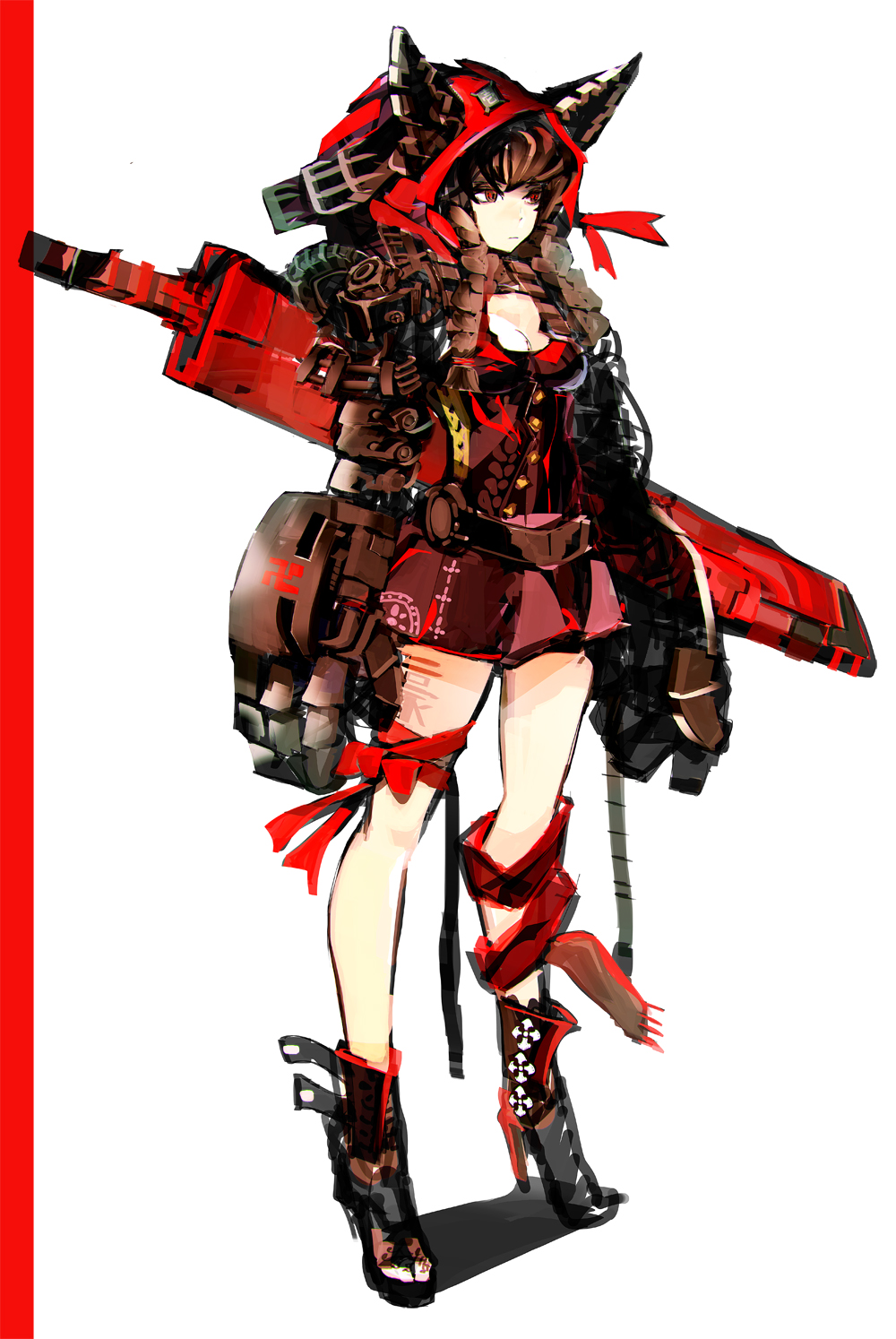 1girl animal_hood breasts brown_hair cat_hood cleavage high_heels highres hood mechanical_arms red_eyes red_ribbon ribbon sheath sheathed simple_background skirt so-bin solo stiletto_heels sword thigh_ribbon weapon