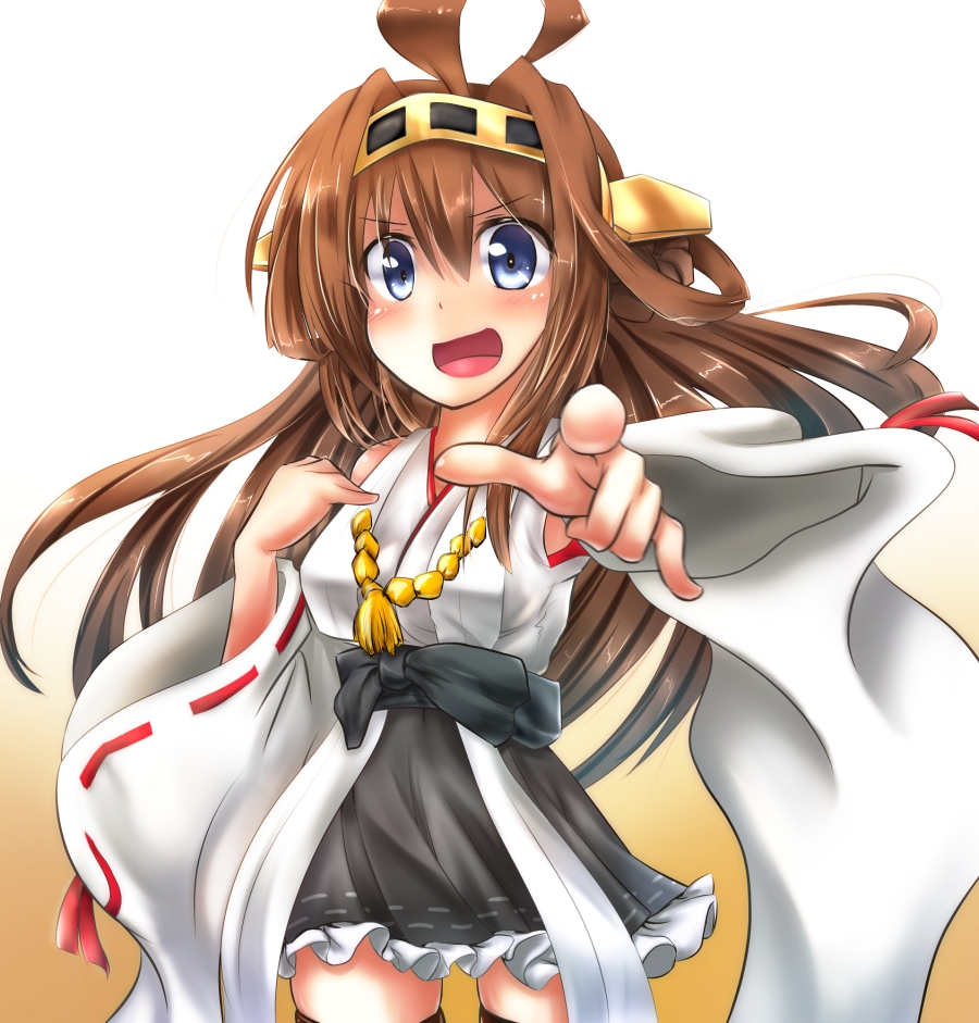 1girl ahoge bare_shoulders blue_eyes brown_hair detached_sleeves double_bun hair_ornament hairband headgear japanese_clothes kantai_collection kongou_(kantai_collection) long_hair nontraditional_miko open_mouth personification pointing pointing_at_viewer skirt smile solo thighhighs