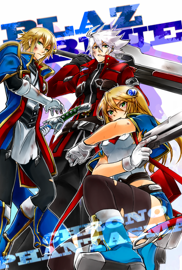 1girl 2boys blazblue blonde_hair bolverk green_eyes gun heterochromia jin_kisaragi katana multiple_boys noel_vermillion ragna_the_bloodedge silver_hair sword weapon yukianesa