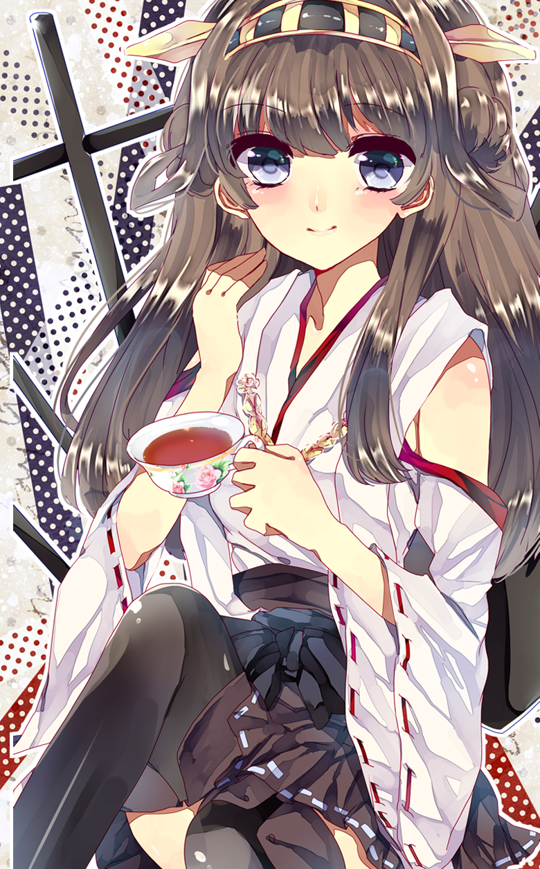 1girl bare_shoulders black_legwear blush brown_hair cannon cup detached_sleeves double_bun ginzuki_ringo hair_ornament hairband headgear highres japanese_clothes kantai_collection kongou_(kantai_collection) long_hair nontraditional_miko personification sitting skirt smile solo teacup thighhighs turret