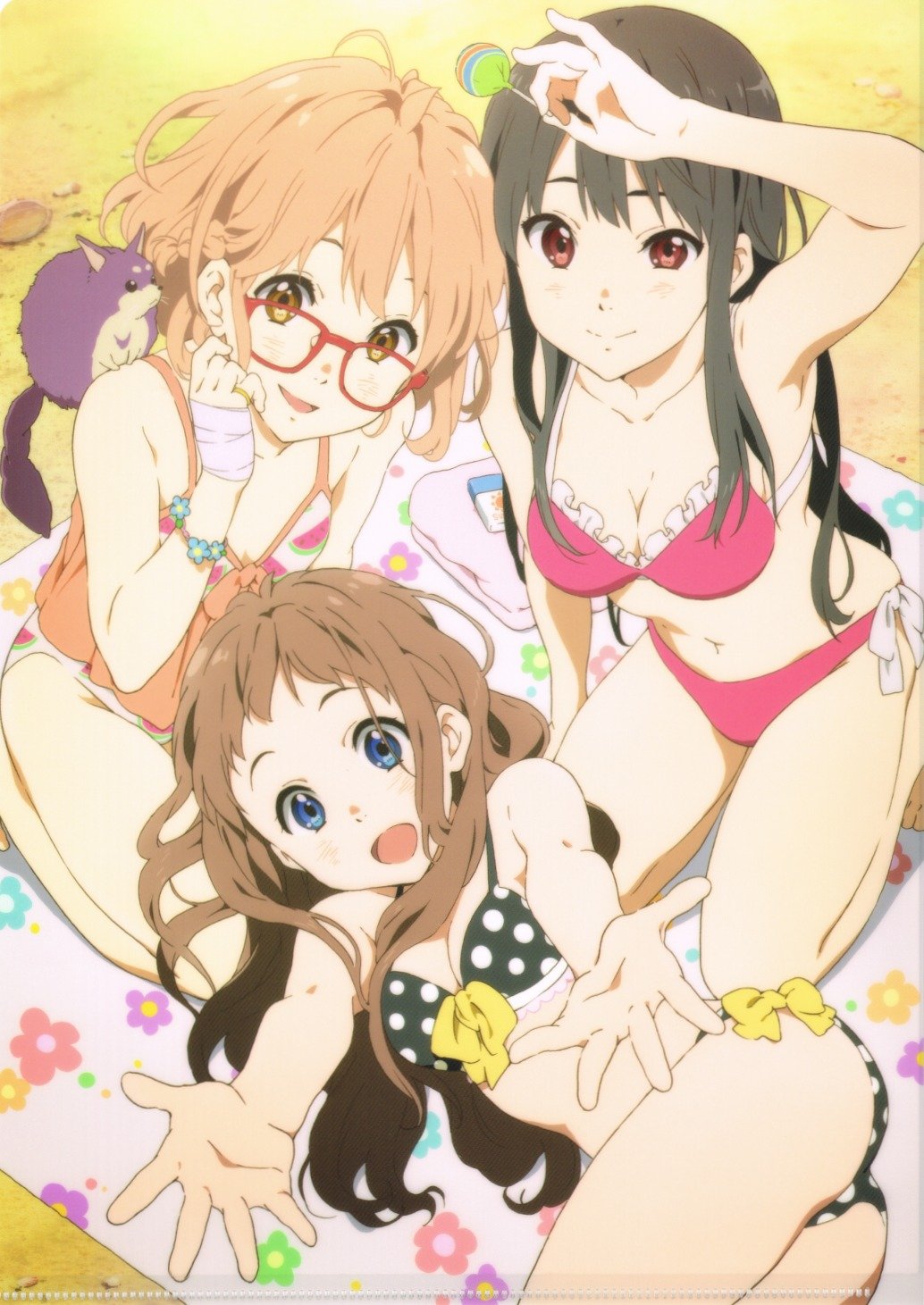 3girls beach black_hair blue_eyes brown_hair frills highres kuriyama_mirai kyoukai_no_kanata long_hair multiple_girls nase_mitsuki navel official_art orange_eyes pink_hair red_eyes scan shindou_ai short_hair swimsuit