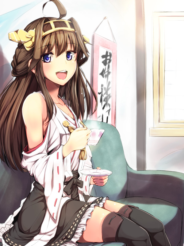 1girl ahoge ataru_(cha2batake) bare_shoulders boots brown_hair cup detached_sleeves double_bun hair_ornament hairband headgear japanese_clothes kantai_collection kongou_(kantai_collection) long_hair looking_at_viewer nontraditional_miko open_mouth personification pleated_skirt skirt smile teacup thigh_boots thighhighs violet_eyes zettai_ryouiki
