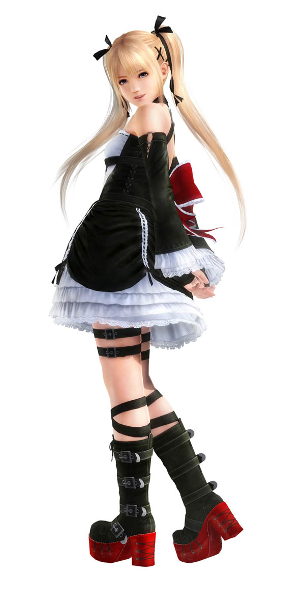 1girl blonde_hair bowtie choker dead_or_alive dead_or_alive_5 detached_sleeves dress fingerless_gloves frills gloves gothic_lolita hairband lolita_fashion long_sleeves marie_rose official_art platform_footwear ribbon simple_background solo tecmo thigh_strap twintails white_background