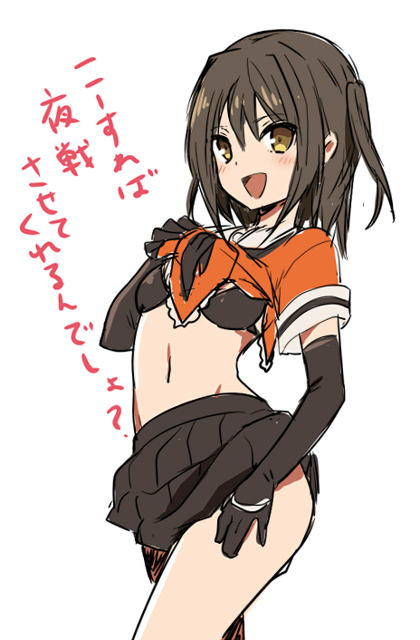 1girl black_bra black_gloves blush bra brown_hair elbow_gloves gloves ica kantai_collection looking_at_viewer navel personification rough sendai_(kantai_collection) shirt_lift simple_background skirt smile solo translation_request twintails two_side_up underwear white_background yellow_eyes