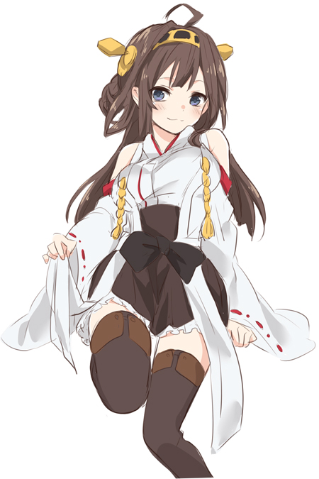 1girl ahoge bare_shoulders blue_eyes blush boots brown_hair detached_sleeves hair_ornament hairband ica japanese_clothes kantai_collection kongou_(kantai_collection) long_hair nontraditional_miko personification simple_background skirt smile solo thigh_boots thighhighs white_background zettai_ryouiki