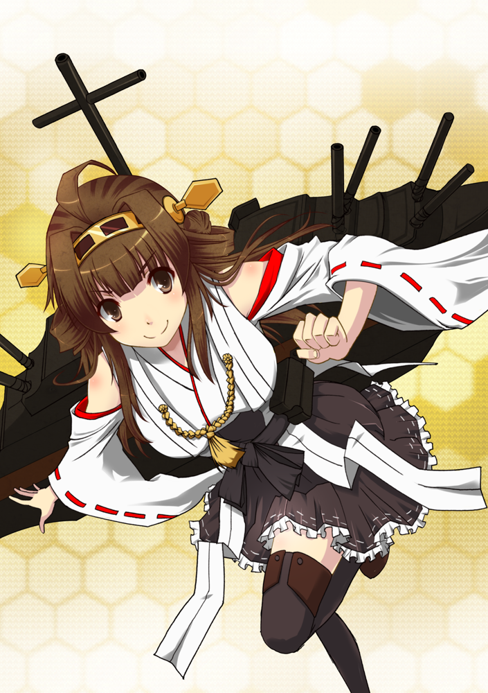 1girl ahoge bare_shoulders blush brown_eyes brown_hair detached_sleeves double_bun hair_ornament hairband headgear japanese_clothes kantai_collection kongou_(kantai_collection) long_hair nontraditional_miko personification skirt smile solo thighhighs weavehabit