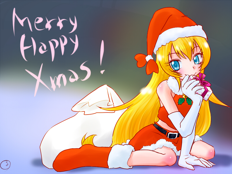 1girl blonde_hair blue_eyes blush boots christmas dokidoki!_precure hat kasuga_rurito long_hair regina_(dokidoki!_precure) santa_outfit smile solo