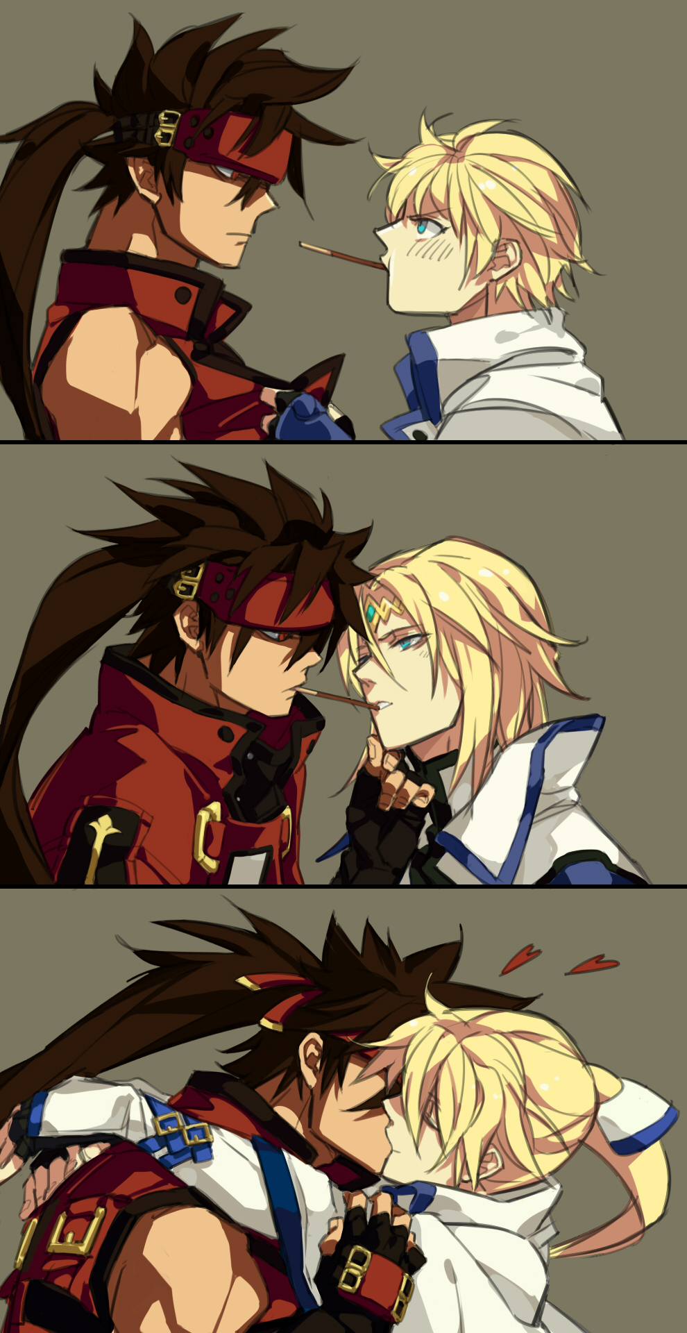 2boys 3koma alternate_hair_length alternate_hairstyle blonde_hair blue_eyes blush brown_hair comic eye_contact guilty_gear guilty_gear_2 guilty_gear_xrd headband height_difference highres ky_kiske looking_at_another min_(minyinr) mouth_hold multiple_boys pocky pocky_kiss ponytail red_eyes shared_food silent_comic sol_badguy tiara yaoi
