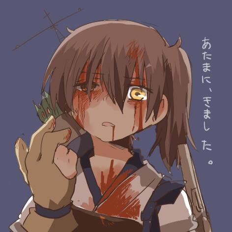 1girl blood blood_from_mouth blood_on_face blood_stain brown_hair injury kaga_(kantai_collection) kantai_collection lowres open_mouth rebecca_(keinelove) short_hair side_ponytail wound yellow_eyes