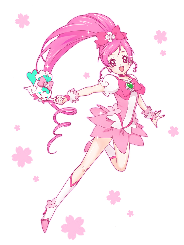 1girl boots chimu_(chimoon) choker chypre_(heartcatch_precure!) cure_blossom dress earrings hair_ornament hair_ribbon hanasaki_tsubomi heart heartcatch_precure! high_heels jewelry knee_boots kneehighs long_hair magical_girl mascot pink_dress pink_eyes pink_hair ponytail precure puffy_sleeves ribbon solo very_long_hair white_background wrist_cuffs