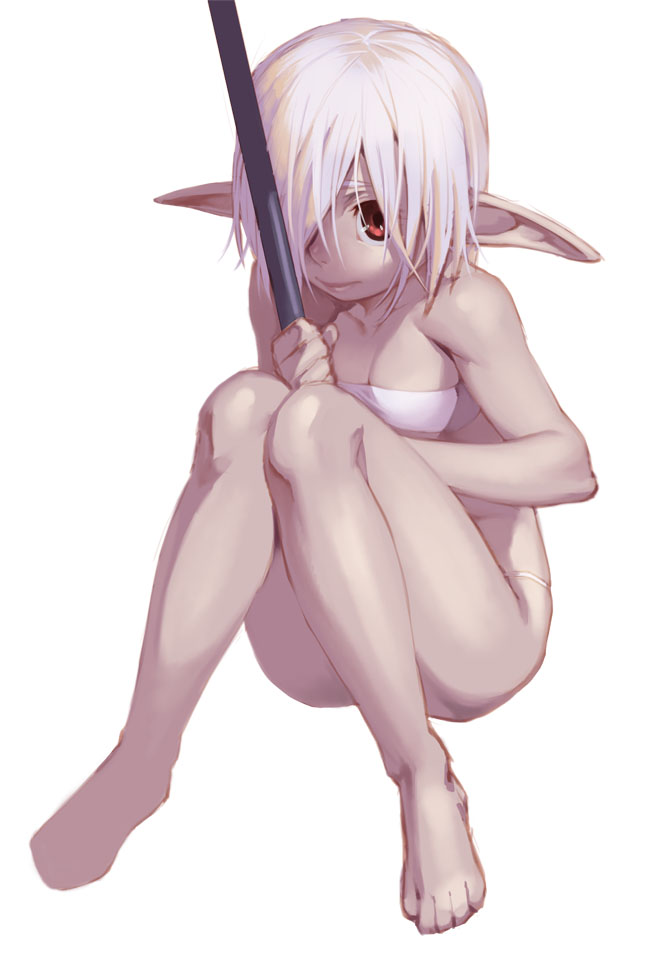 1girl blonde_hair cozy elf hair_over_one_eye knees_together_feet_apart original pointy_ears red_eyes simple_background sitting solo staff white_background