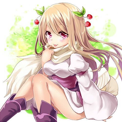 1girl blonde_hair boots character_request cherry dress finger_to_mouth food fruit hair_ornament juliet_sleeves long_hair long_sleeves looking_at_viewer lowres pink_eyes puffy_sleeves sash scarf sitting smile solo tales_weaver tongue tongue_out very_long_hair white_dress wide_sleeves yuya_(night_lily)