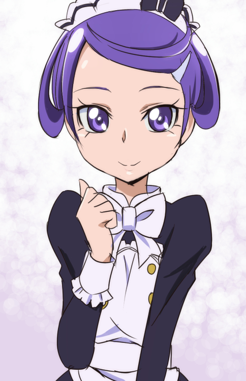 1girl apron dokidoki!_precure eyelashes hair_ornament hairclip happy headdress kenzaki_makoto looking_at_viewer maid maid_apron maid_headdress manji_(tenketsu) precure purple_hair short_hair smile solo violet_eyes white_background