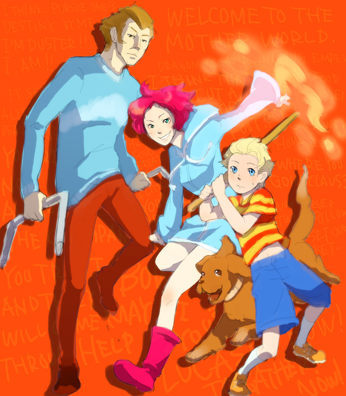 1girl 2boys blonde_hair blue_eyes boney boots brown_hair dog duster_(mother) fire grin height_difference hoodie kumatora lucas mother_(game) mother_3 multiple_boys redhead sesyamo shorts smile staple stick sweatdrop sweater t-shirt