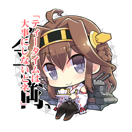 1girl ahoge bare_shoulders brown_hair chibi detached_sleeves double_bun hair_ornament hairband japanese_clothes kantai_collection kongou_(kantai_collection) long_hair lowres mimura_ryou nontraditional_miko personification skirt smile thighhighs translated