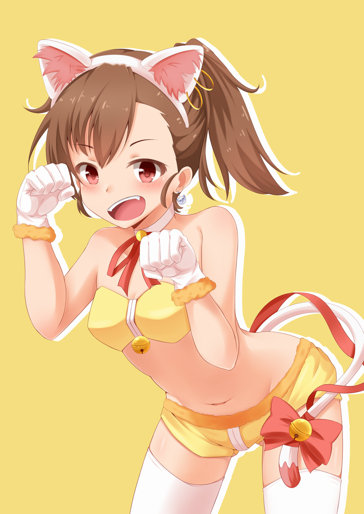 1girl :d animal_ears bare_shoulders bell bow brown_hair cat_ears cat_tail earrings fuku_d futami_ami gloves idolmaster jewelry midriff navel open_mouth ponytail short_shorts shorts smile solo tail thighhighs white_gloves white_legwear