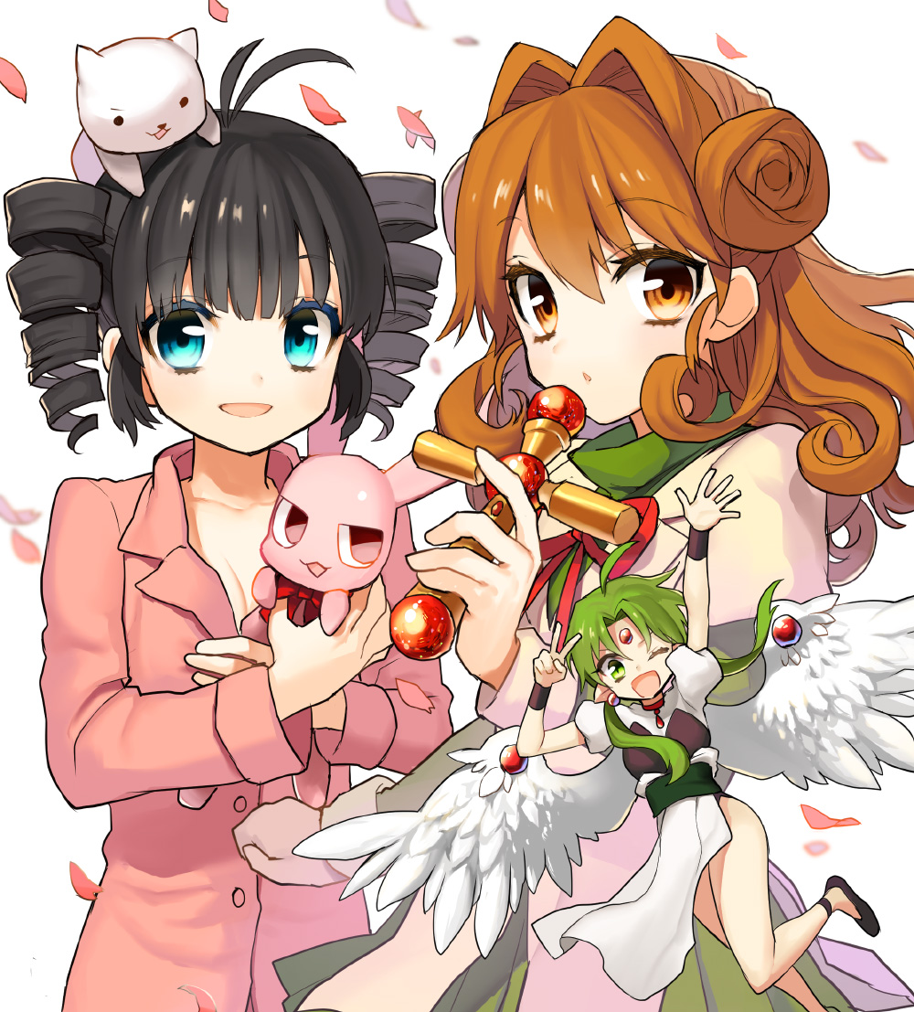 3girls ;d angel_wings animal animal_on_head blue_eyes brown_eyes character_request cross crossover double_bun drill_hair finn_fish green_eyes hair_intakes kamikaze_kaitou_jeanne kusakabe_maron minigirl multiple_girls open_mouth petals rabbit routo shoes smile twin_drills white_background white_wings wings wink