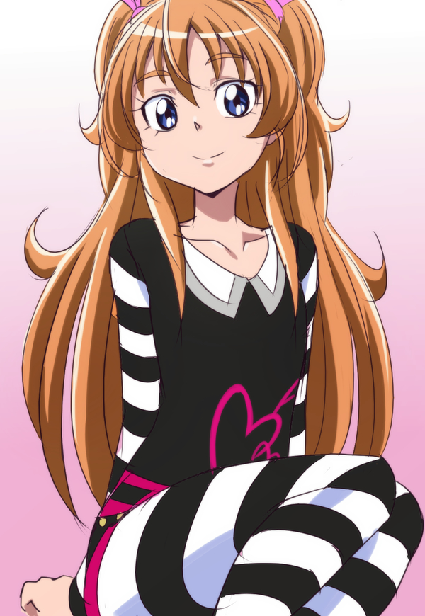 1girl blue_eyes brown_hair casual gradient gradient_background houjou_hibiki long_hair looking_at_viewer manji_(tenketsu) pink_background precure shirt smile solo striped striped_shirt suite_precure white_background